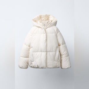 Zara Off White Waist Length Hooded Winter Puffer Jacket Coat Size XS
